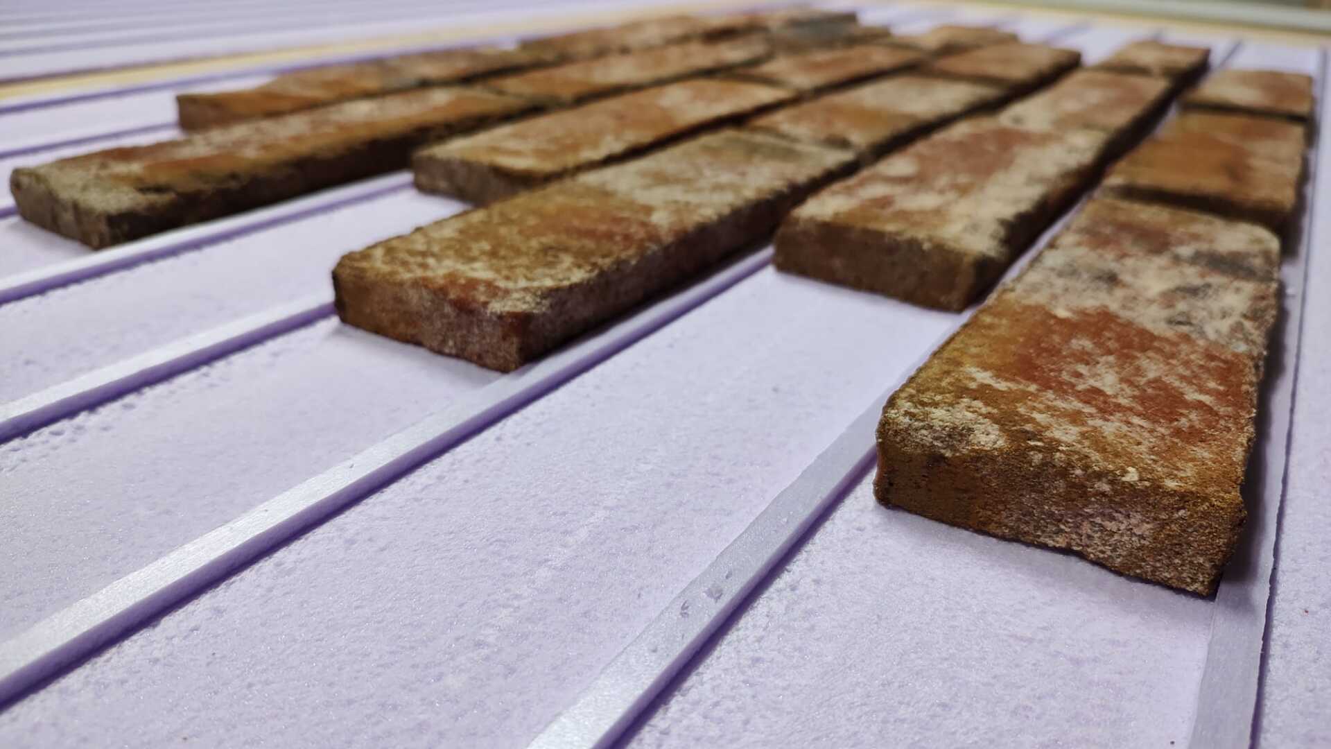 Brick pieces arranged on a purple-and-white grid, possibly for flooring or construction.