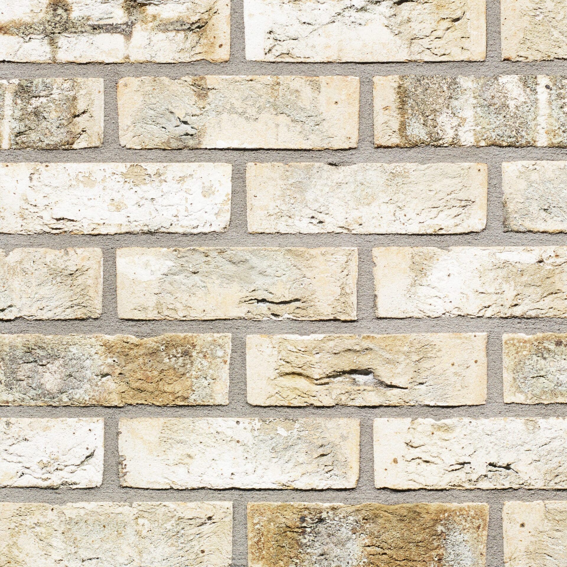 Close-up of a weathered brick wall with alternating light and dark beige bricks and gray mortar.