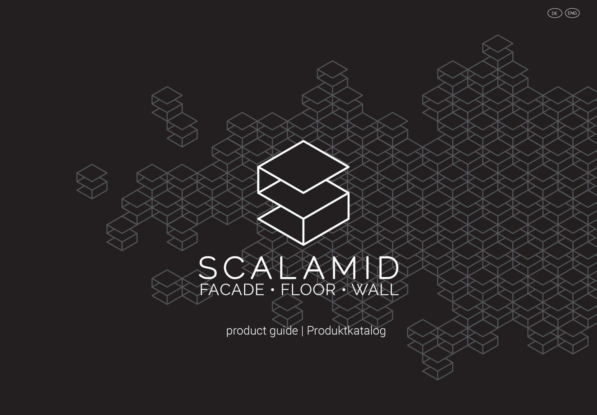 Scalamid logo on a dark background with isometric cubes. Text: facade, floor, wall; present, practical, sustainability.