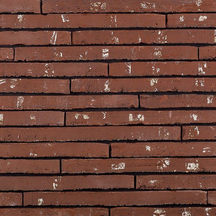 Brick wall, red-brown color with irregular pattern, some white residue.