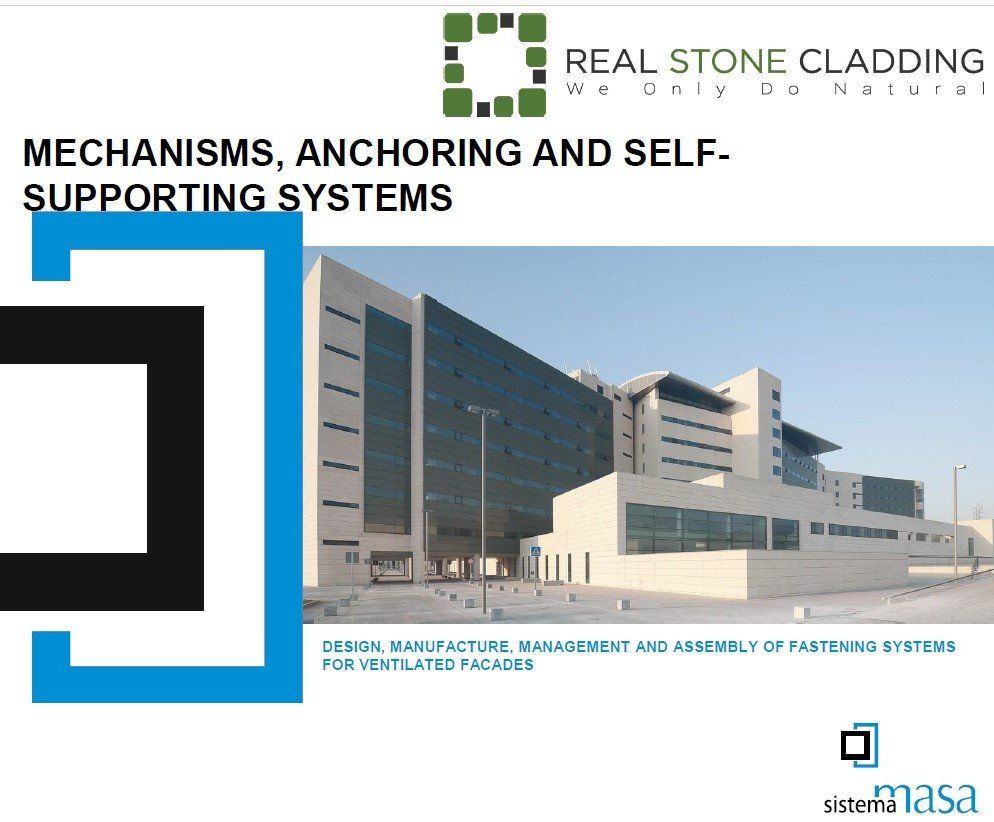 Presentation on stone cladding systems. Title: Mechanisms, anchoring, self-supporting systems. Features a building.