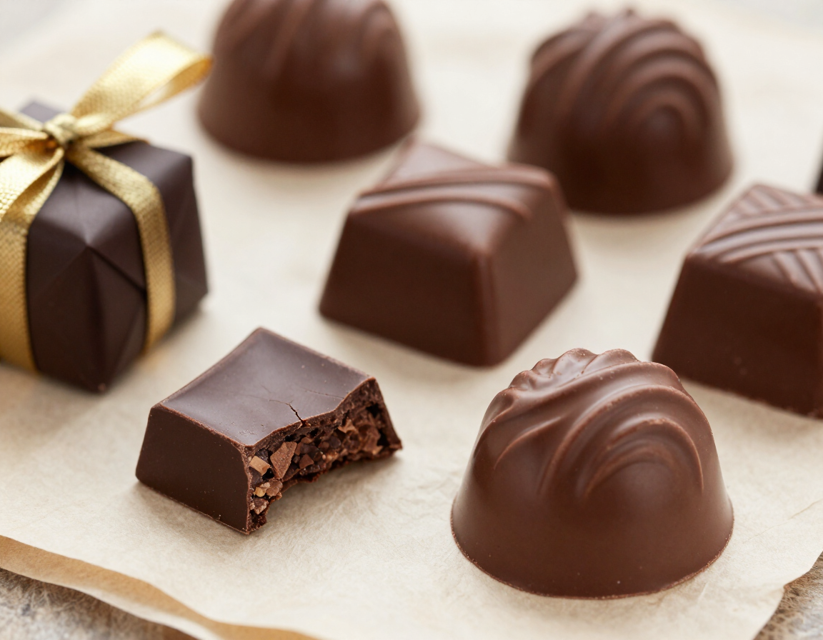 Mixed handmade chocolate pieces on parchment paper