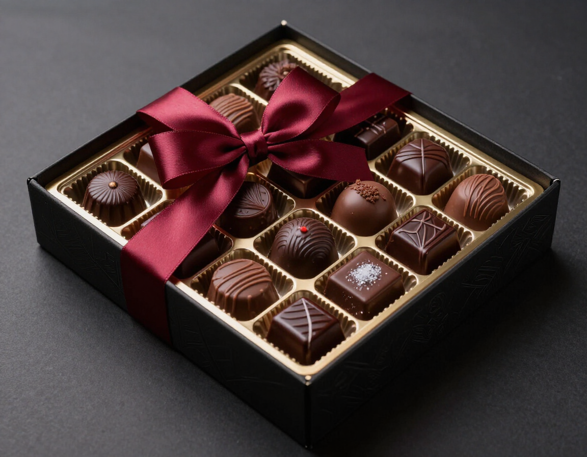 Bespoke chocolate pieces in presentation box with ribbon