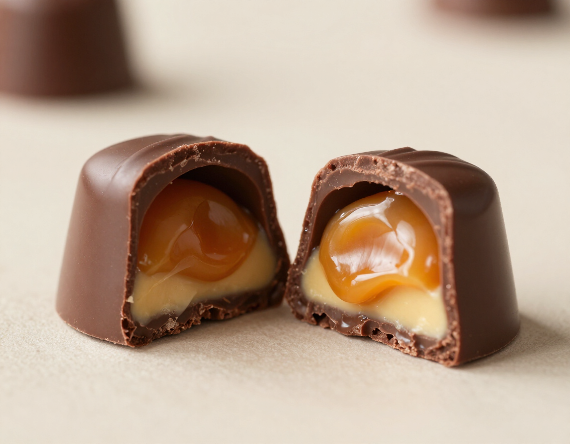 Cut-open filled chocolates revealing caramel and ganache centre