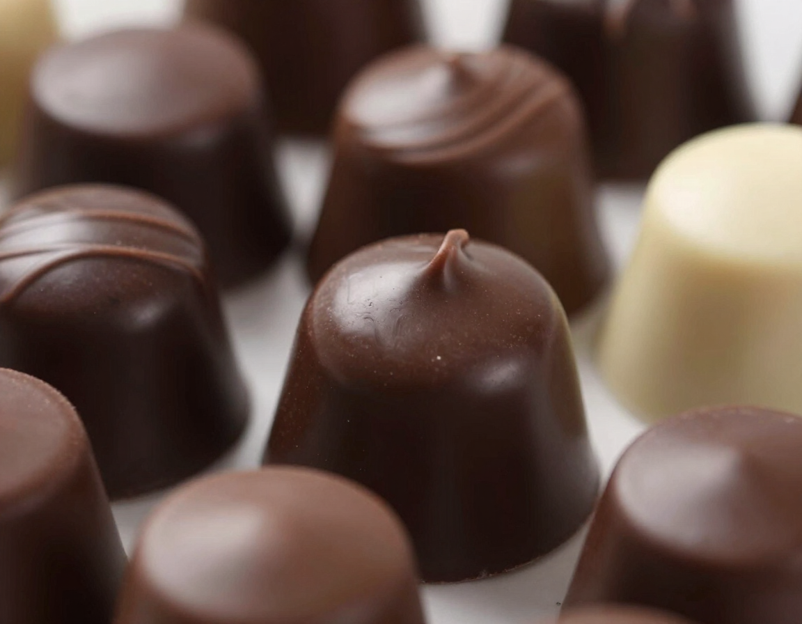 Glossy moulded bonbons in a row catching the light