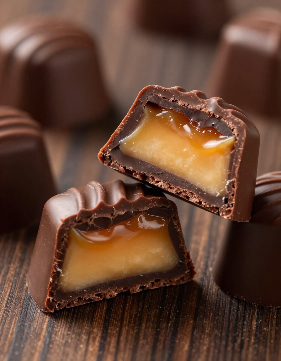 Filled chocolates cut open showing layered centres