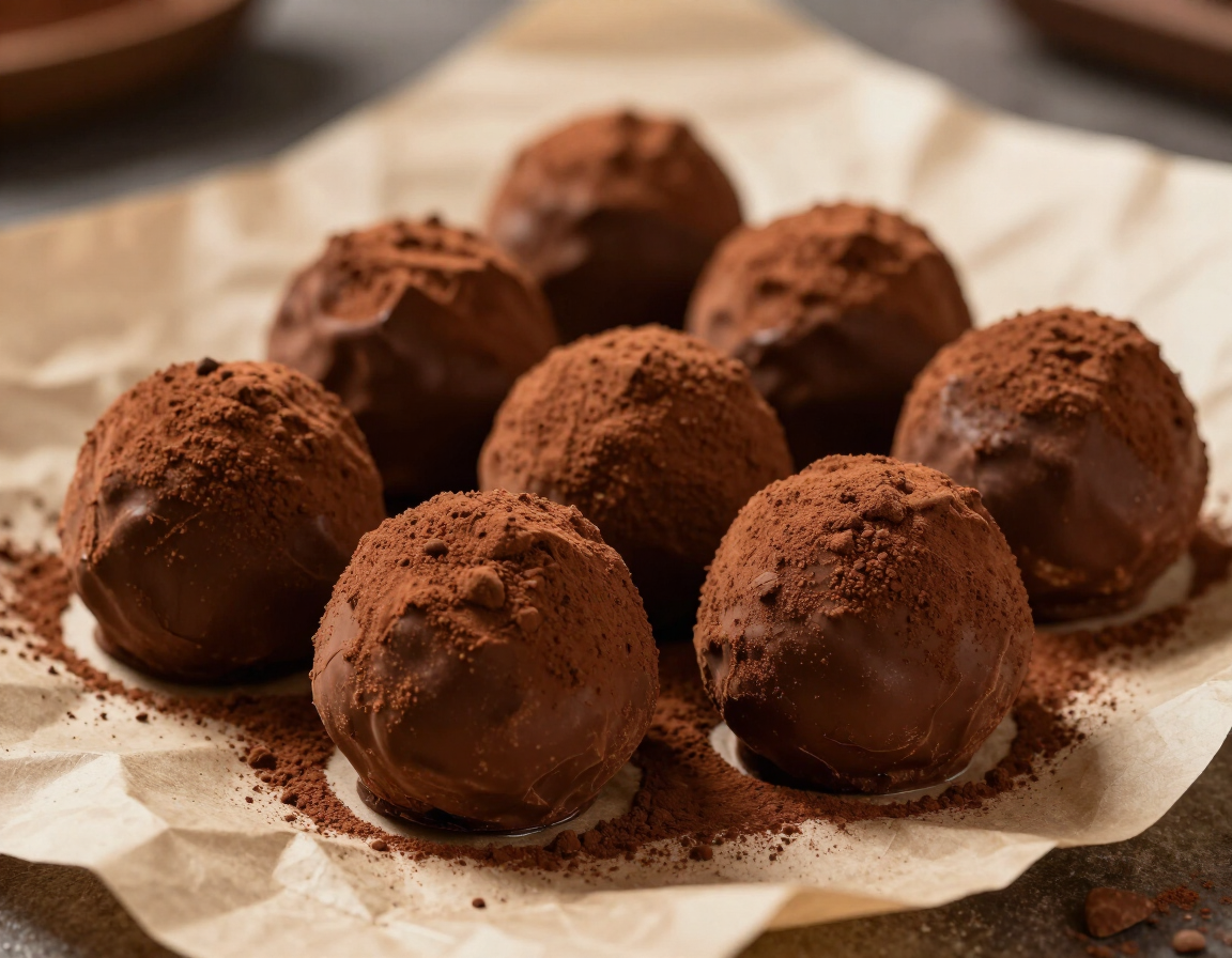 Handmade chocolate truffles dusted with cocoa on parchment