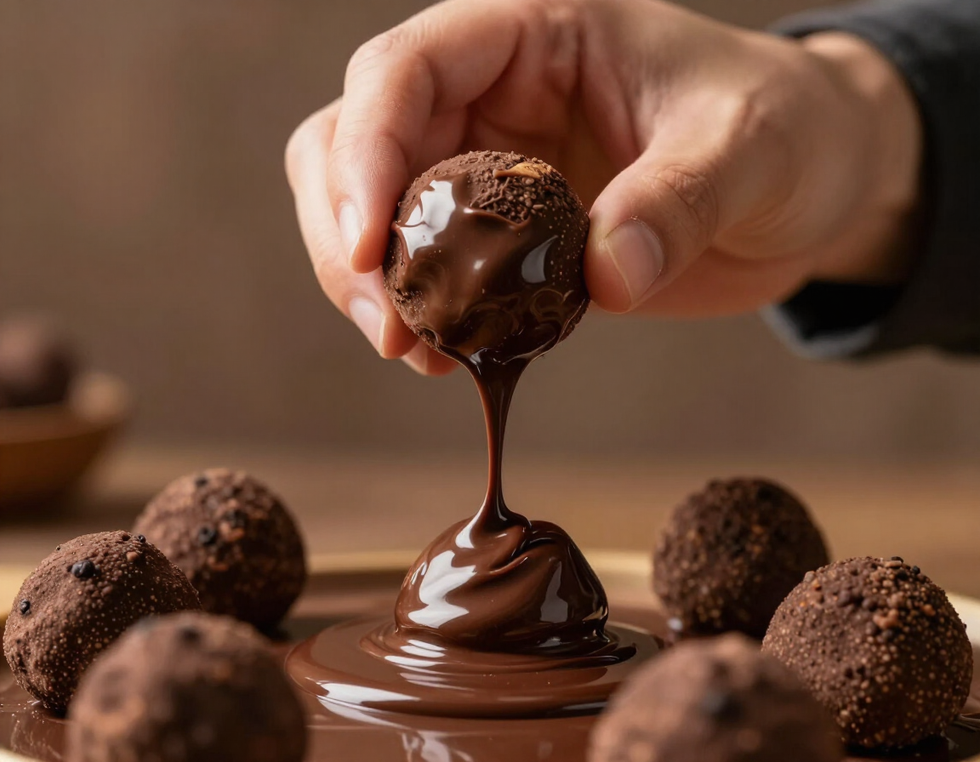 Chocolate being hand-dipped and finished