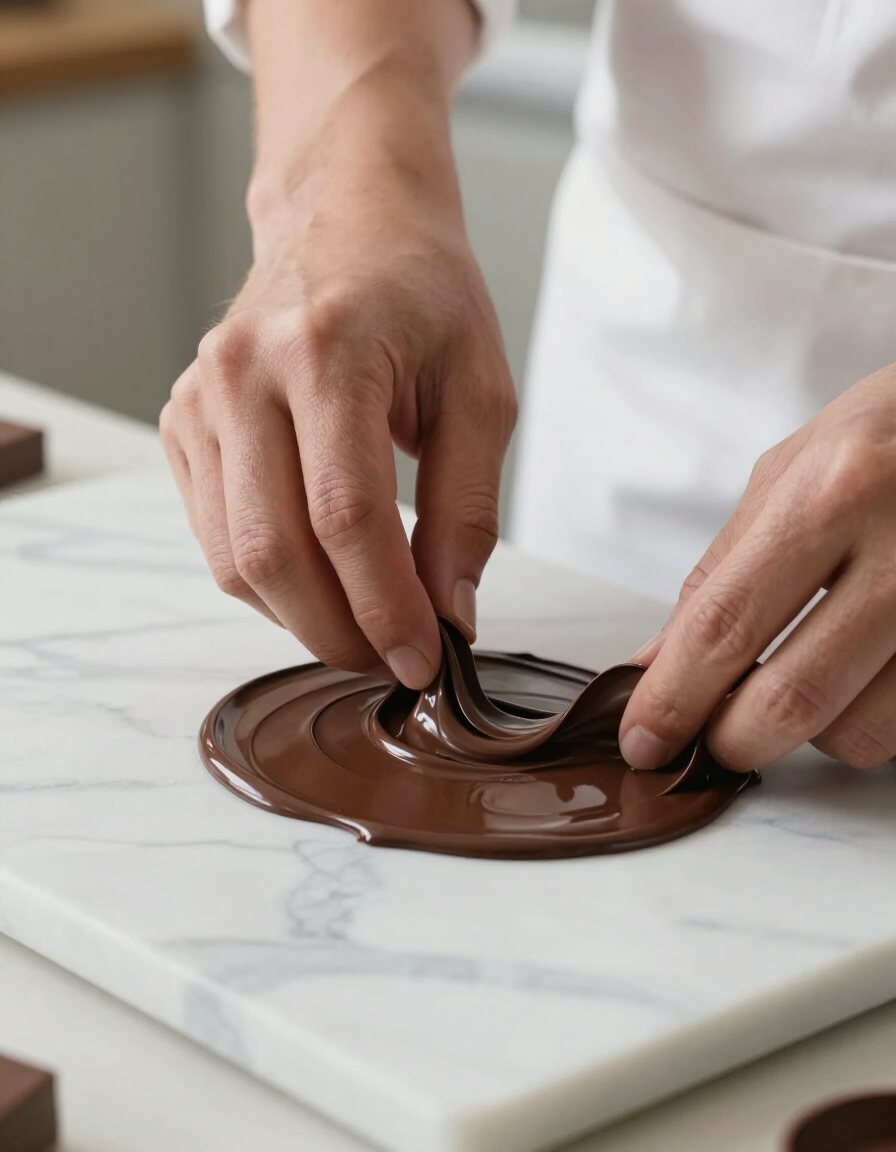 Jamie Wake's hands working with chocolate