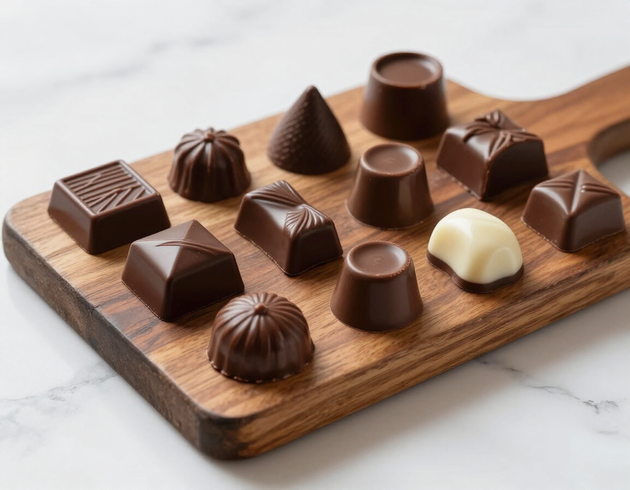 Mixed chocolate creations on wooden board