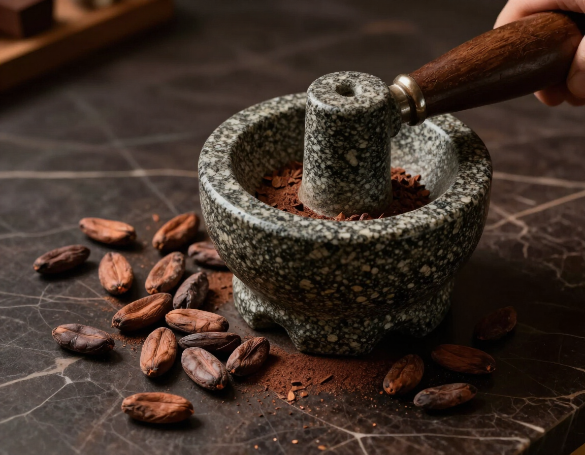 Small chocolate-making workspace with cocoa nibs and a stone grinder