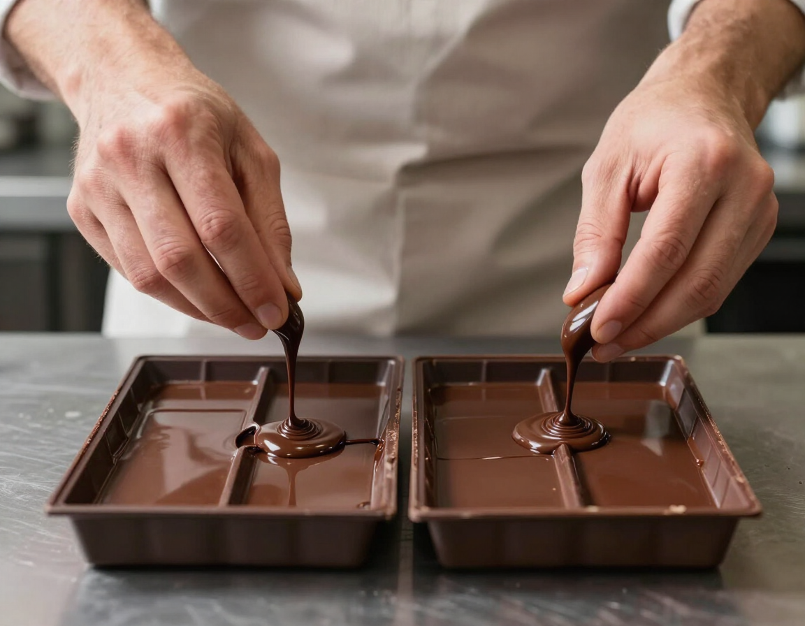 Hands pouring tempered chocolate into bar moulds