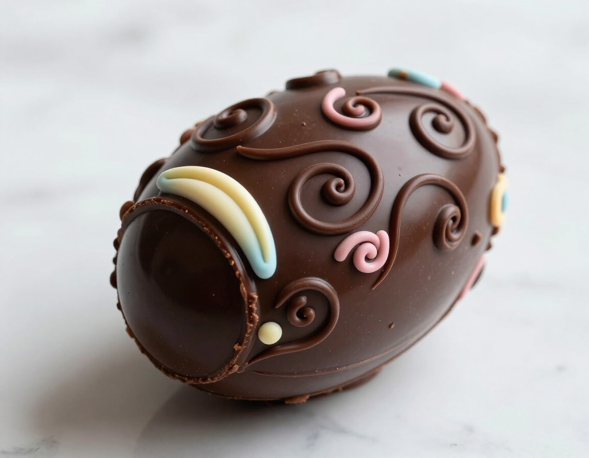 Decorated Easter egg with hand-piped chocolate filigree and coloured cocoa-butter detail
