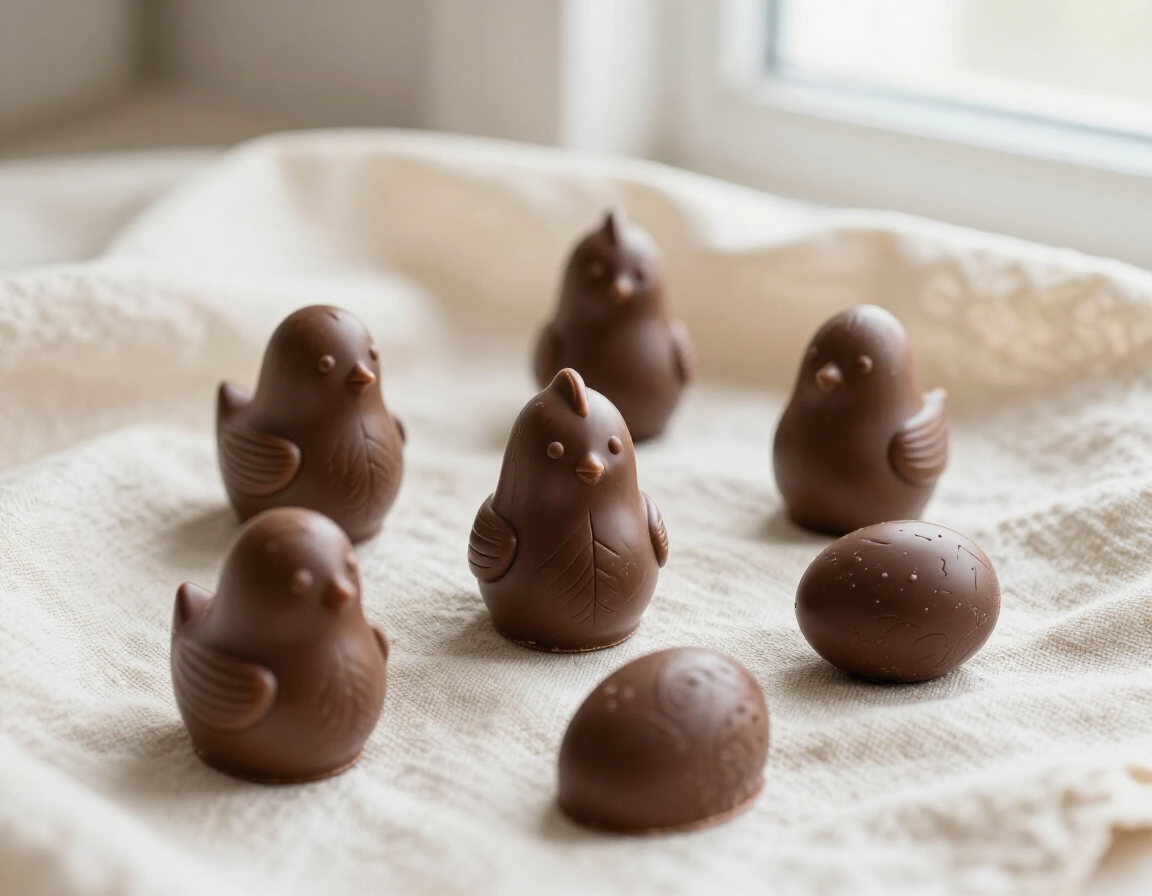Small moulded chocolate chicks and eggs on cream linen cloth