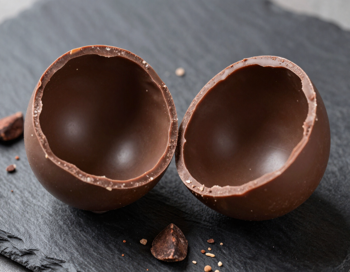Two hollow chocolate egg halves showing clean tempered interior surface