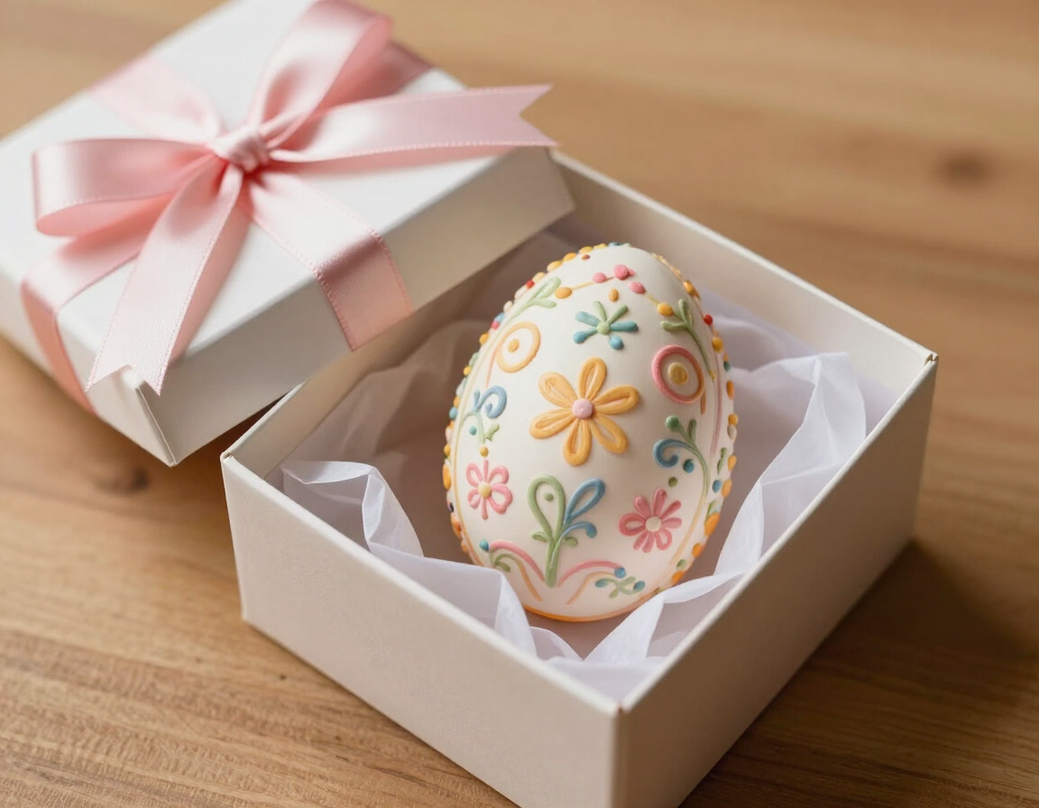 Bespoke Easter egg in a presentation gift box with ribbon and tissue paper lining