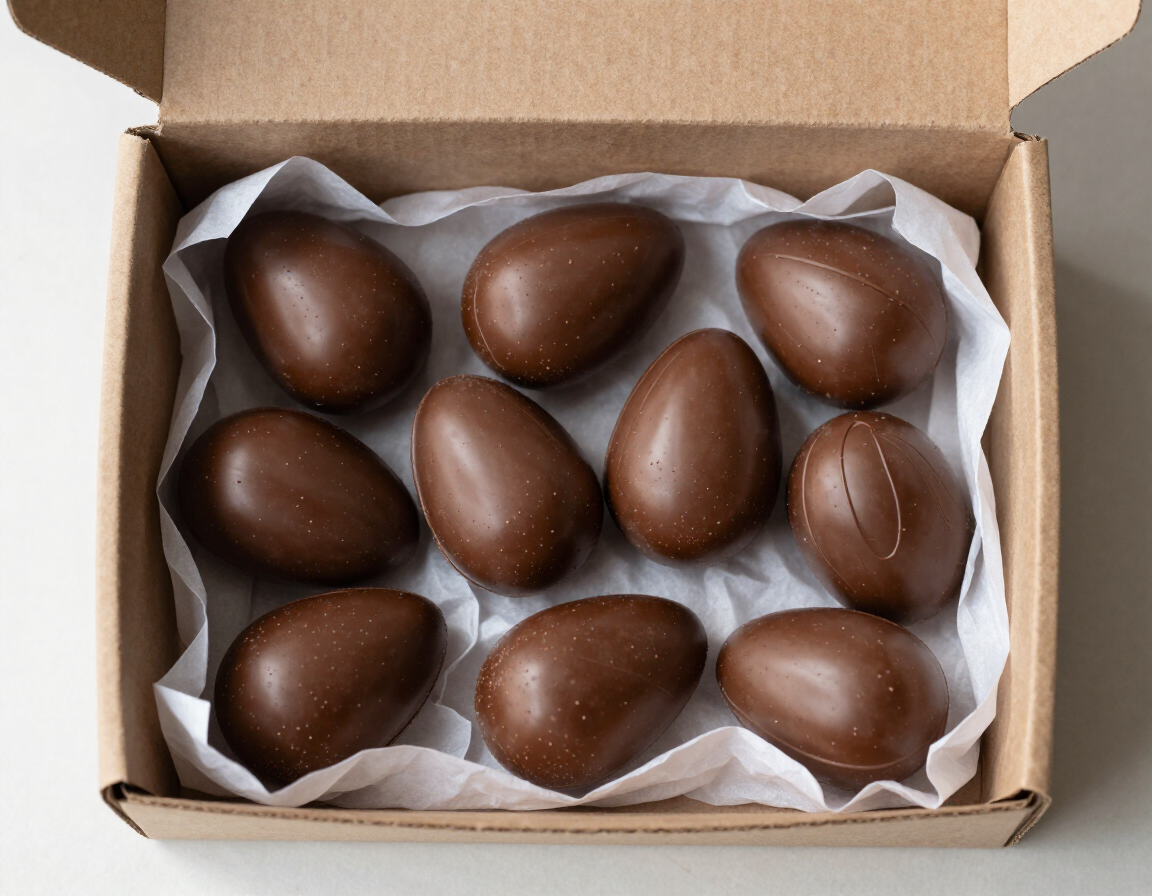 Mini chocolate eggs in a kraft paper box lined with shredded tissue