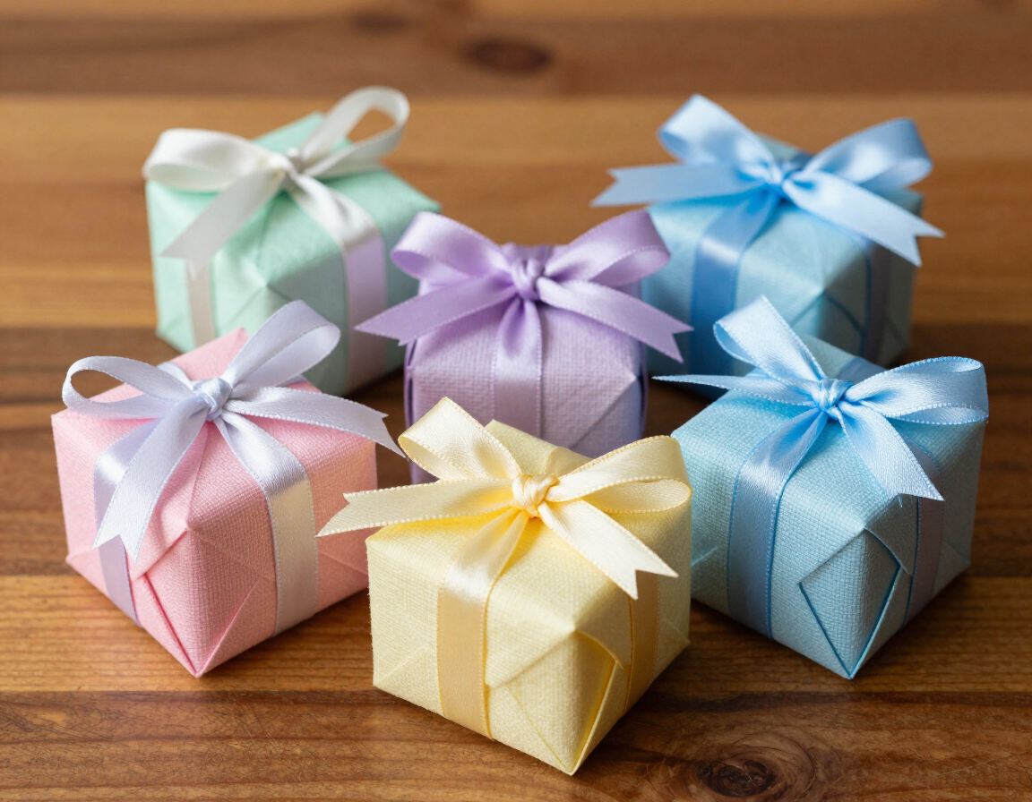 Easter-themed chocolate gift squares wrapped in textured paper with a ribbon
