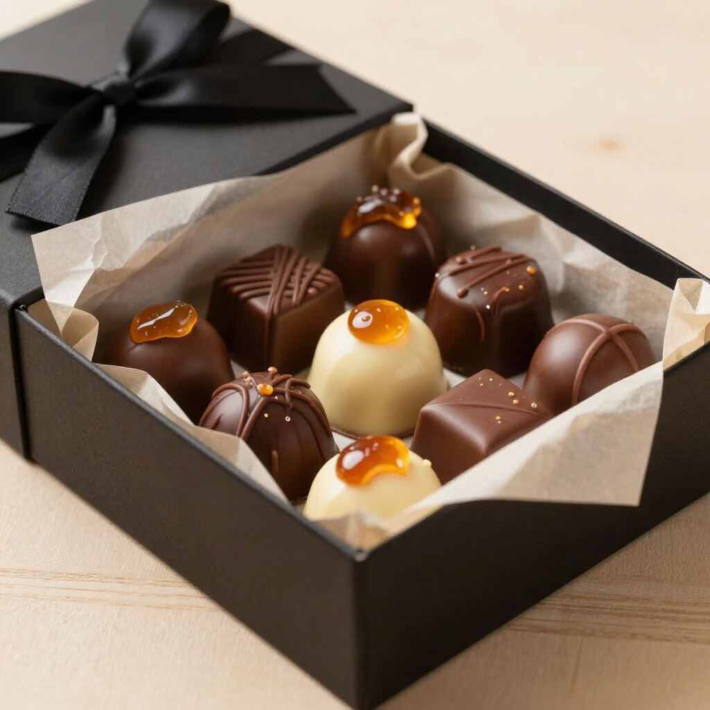 Bonbon collection in a black gift box with tissue paper and ribbon