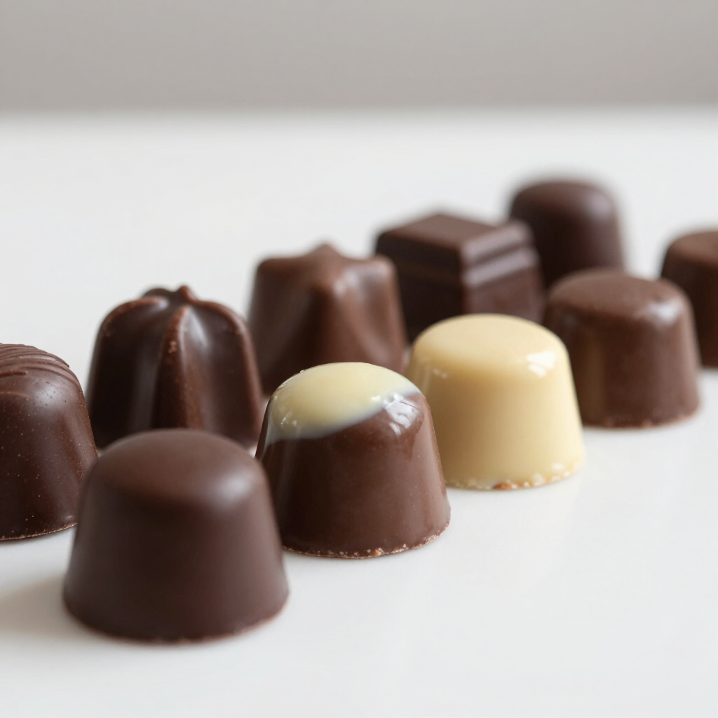 Row of bonbons showing matte and gloss chocolate finishes