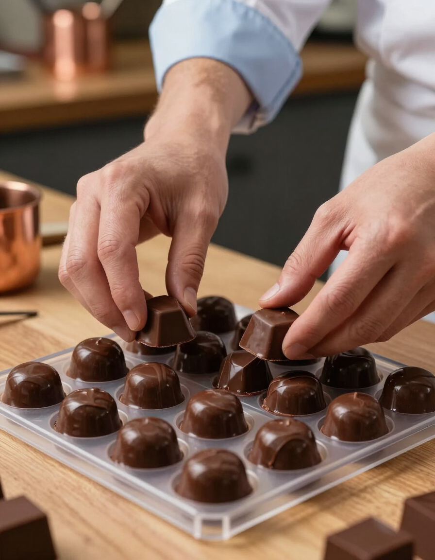 Hands releasing glossy bonbons from a polycarbonate chocolate mould