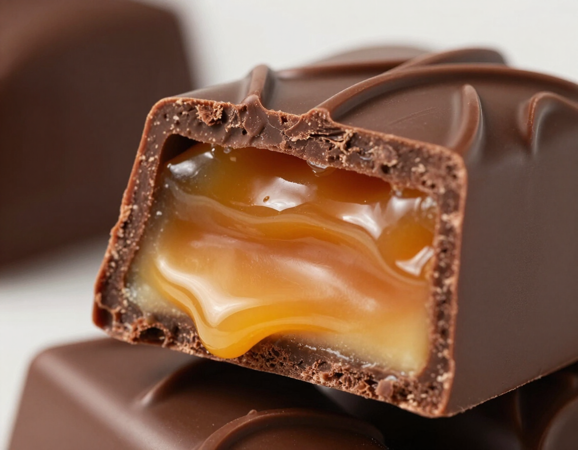 Filled chocolate cross-section showing layered caramel interior