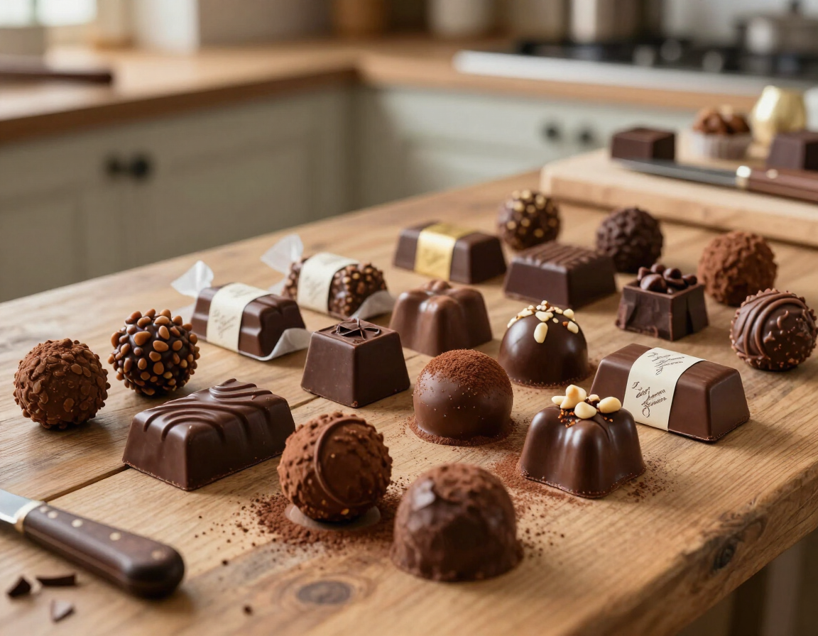 Multiple artisan chocolate products arranged in a wide editorial shot