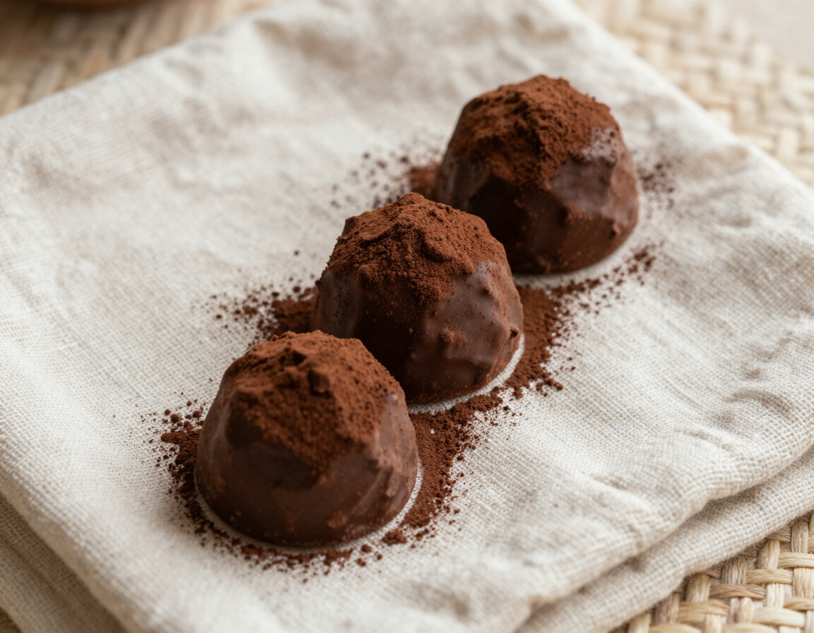 Three handmade chocolate truffles dusted in cocoa powder