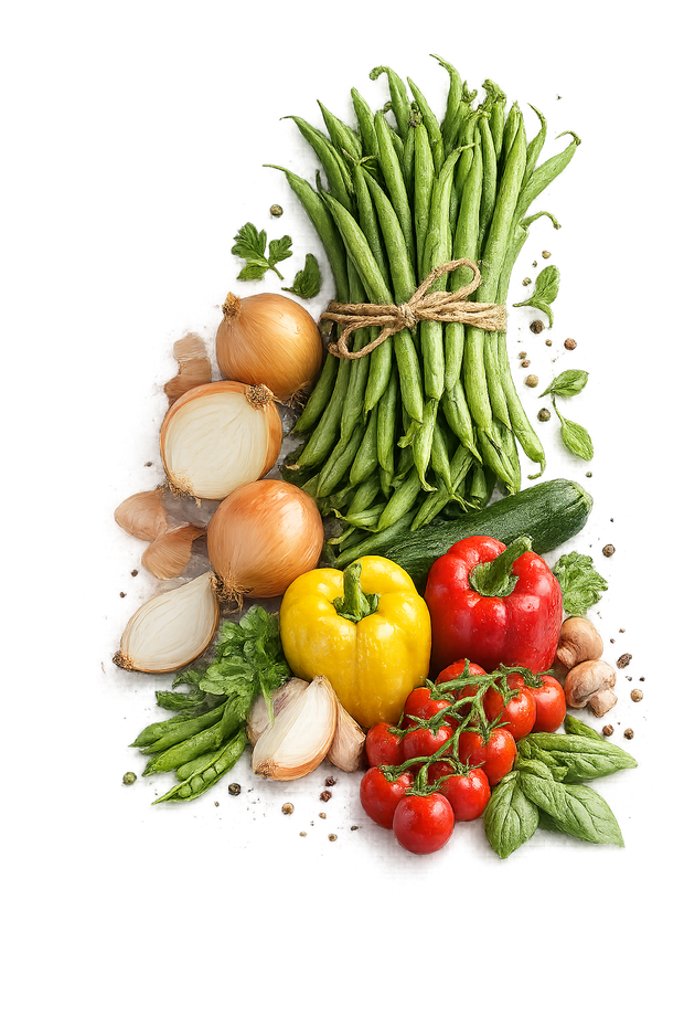 Varietà di verdure fresche, tra cui fagiolini, cipolle, pomodori e peperoni, su sfondo bianco.