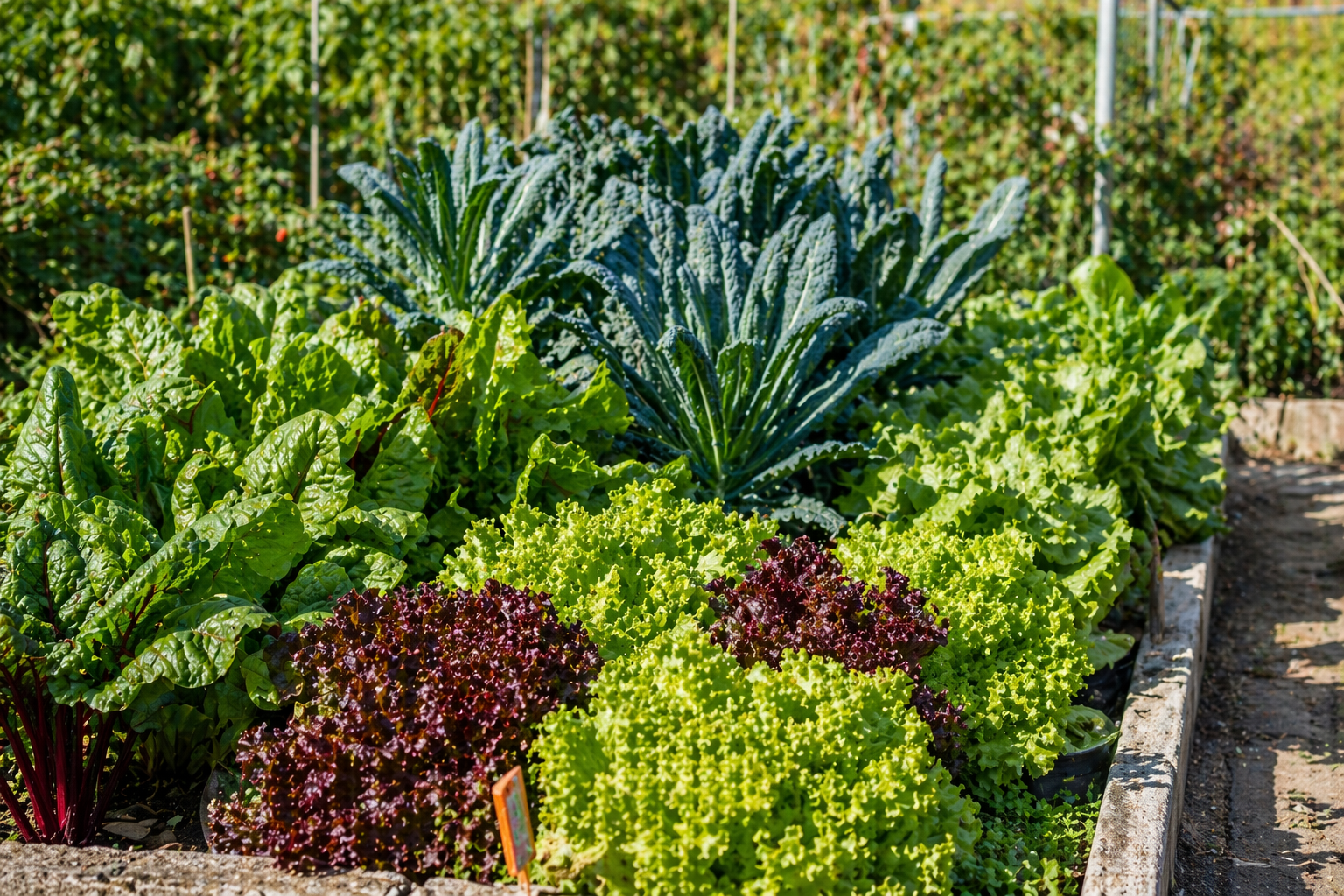 Orto con verdure a foglia verde, cavolo nero e lattuga viola in aiuole rialzate all'aperto.