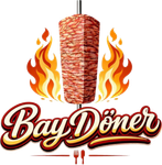Bay D&ouml;ner logo with vertical doner kebab, flames, and stylized red script text