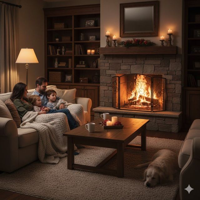 Family sitting by fireplace in cozy living room with dog.
