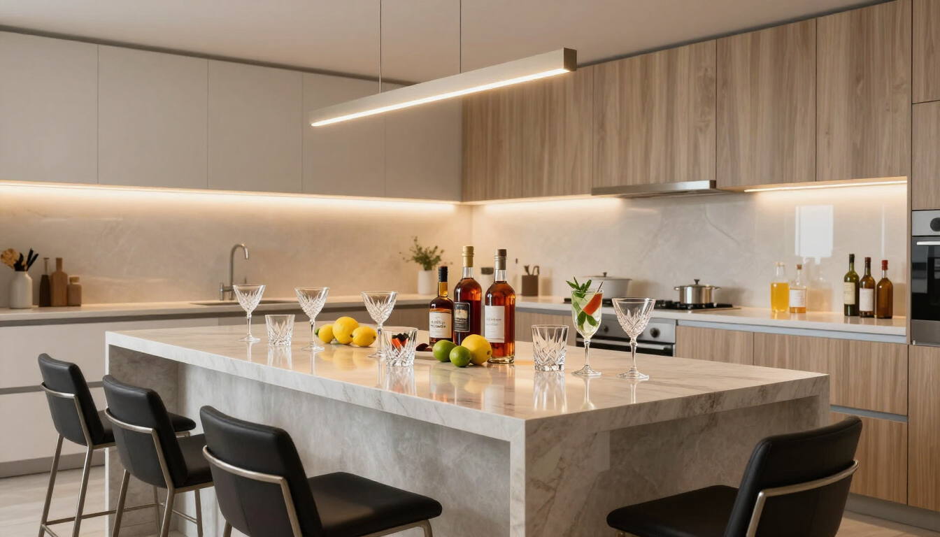 Modern kitchen renovation with a large island set up for entertaining guests.