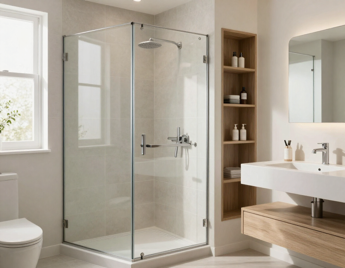 Bright updated bathroom with walk-in shower and practical storage