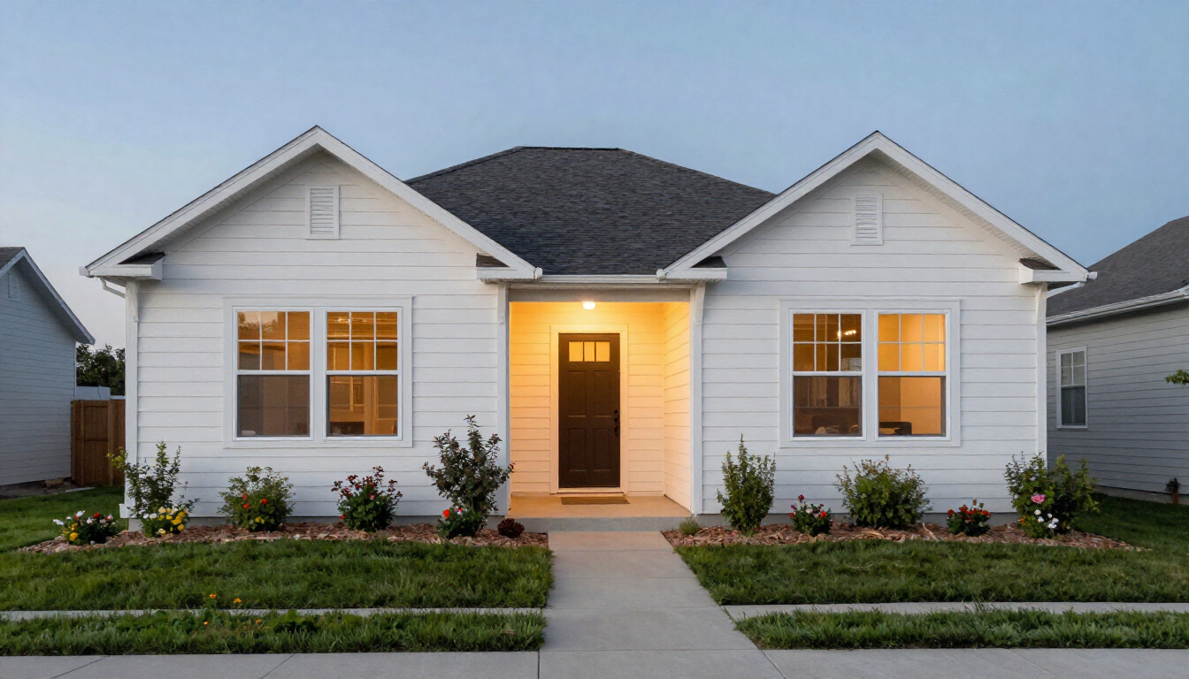 Professionally remodeled home exterior with improved entry, landscaping, and evening lighting
