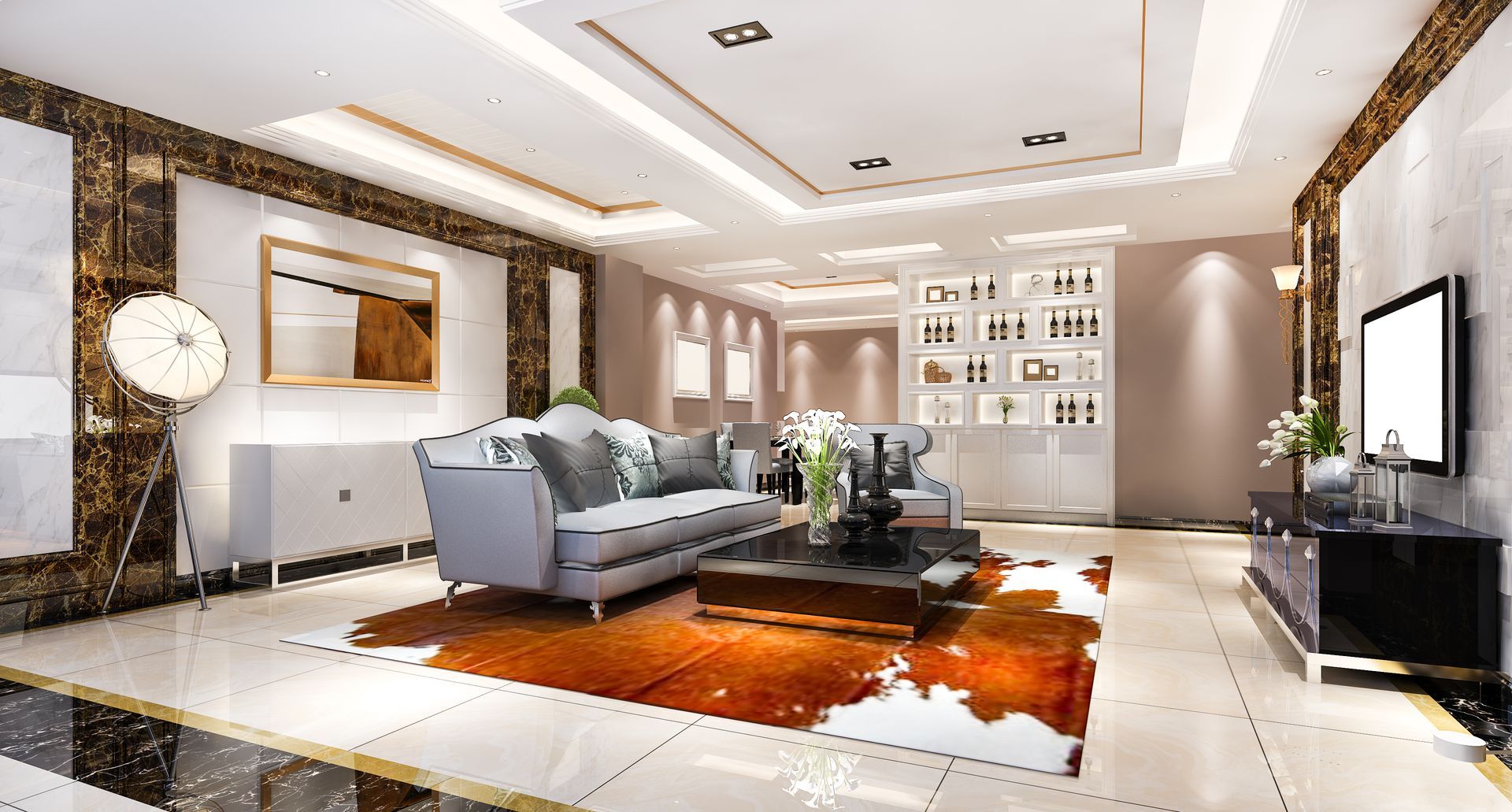 A living room with a couch , coffee table , and television.