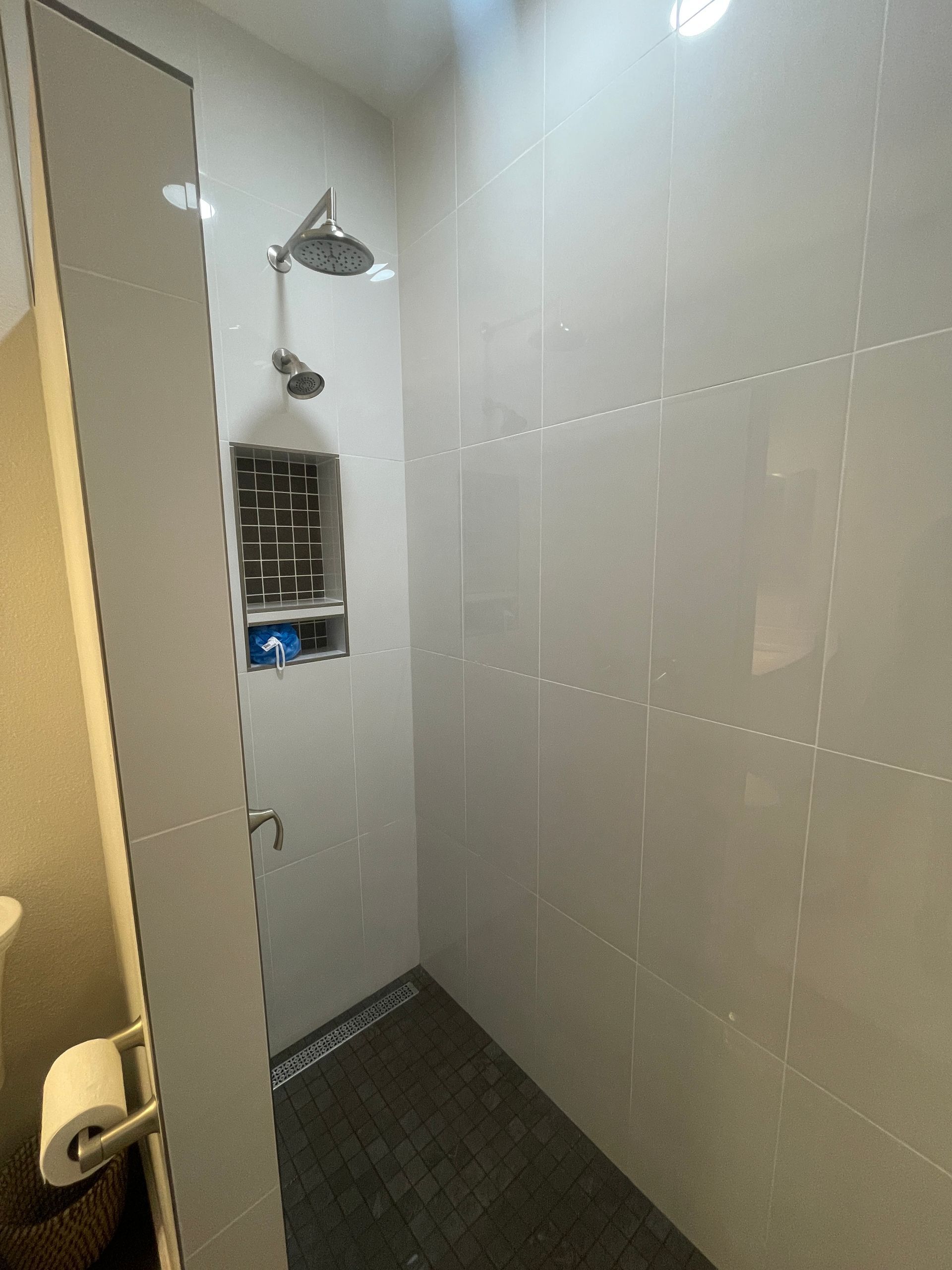 A bathroom with a walk in shower and a toilet.
