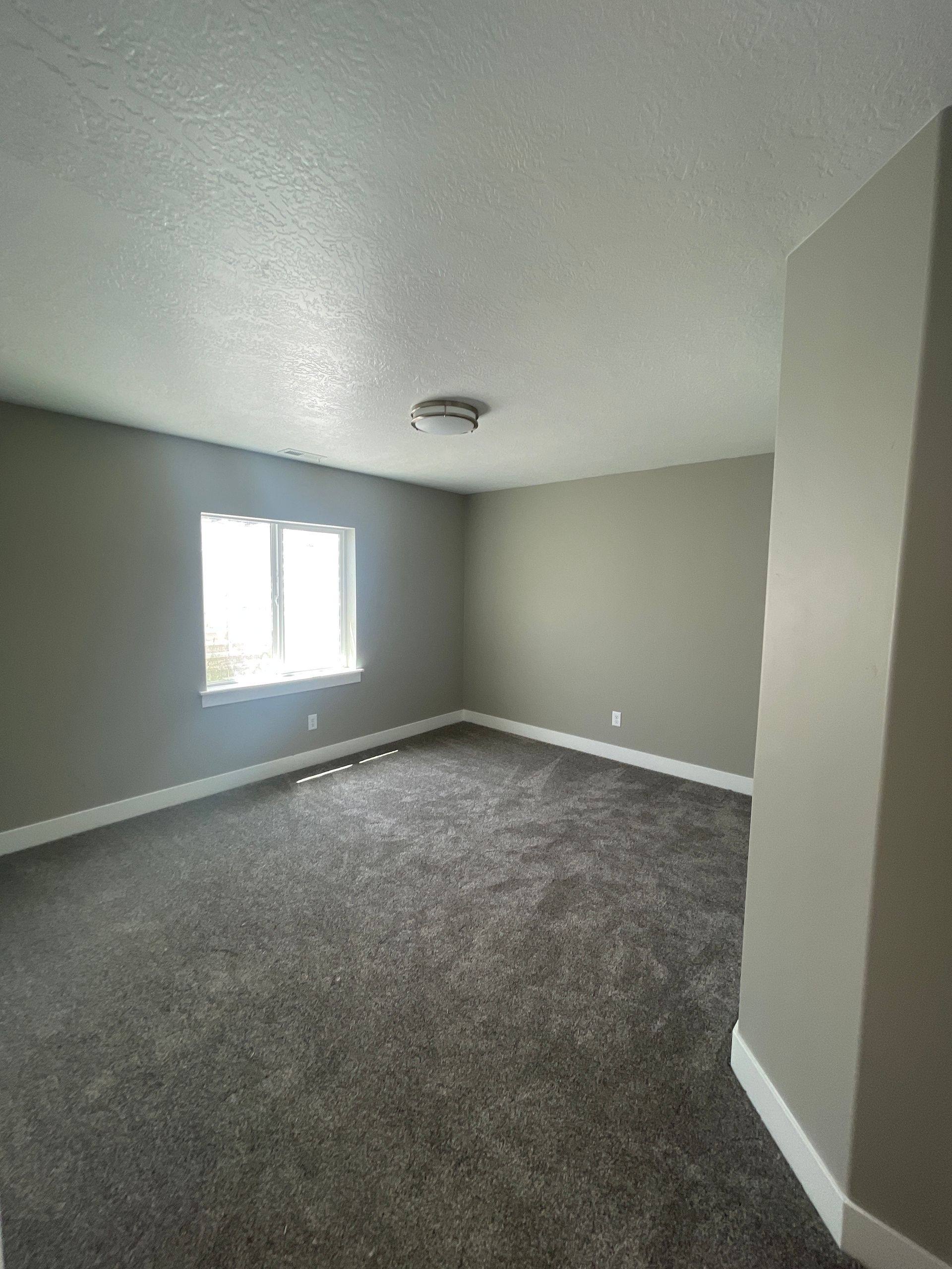 A large empty room with a carpeted floor and a window.