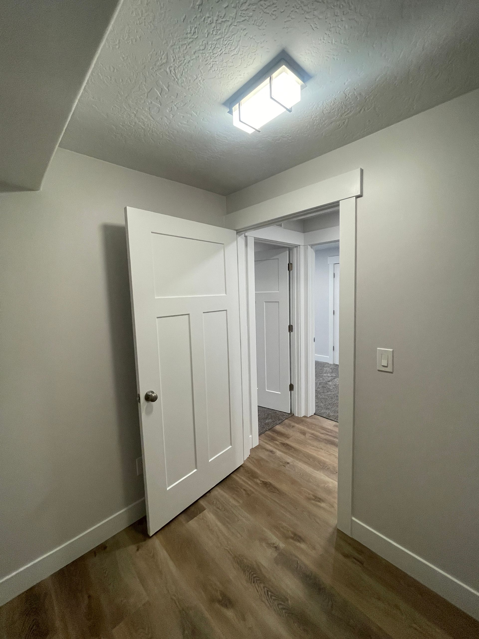 A hallway in a house with a door open and a light on the ceiling.