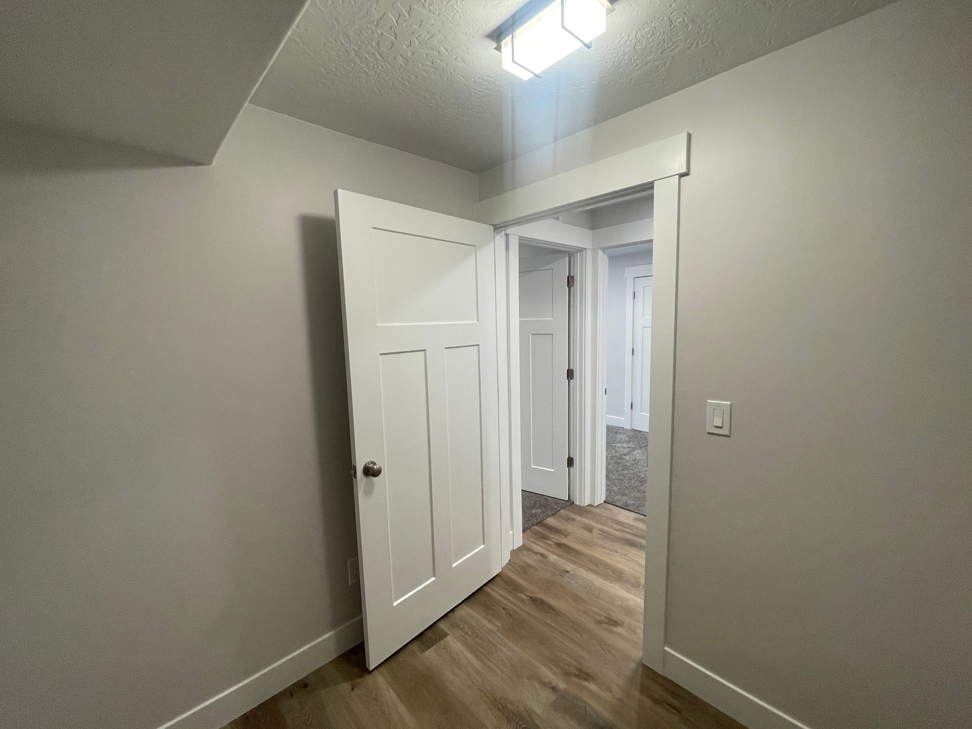 A hallway in a house with a door open and a light on the ceiling.