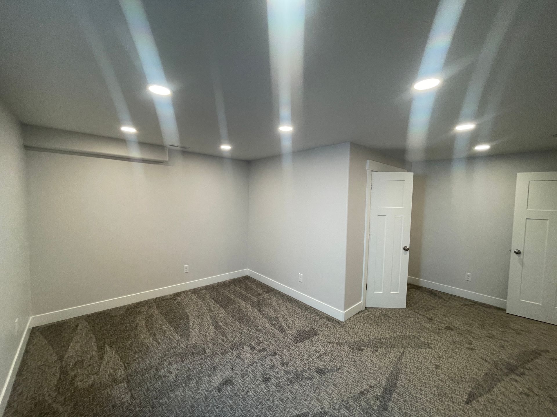 An empty basement with a carpeted floor and a door.
