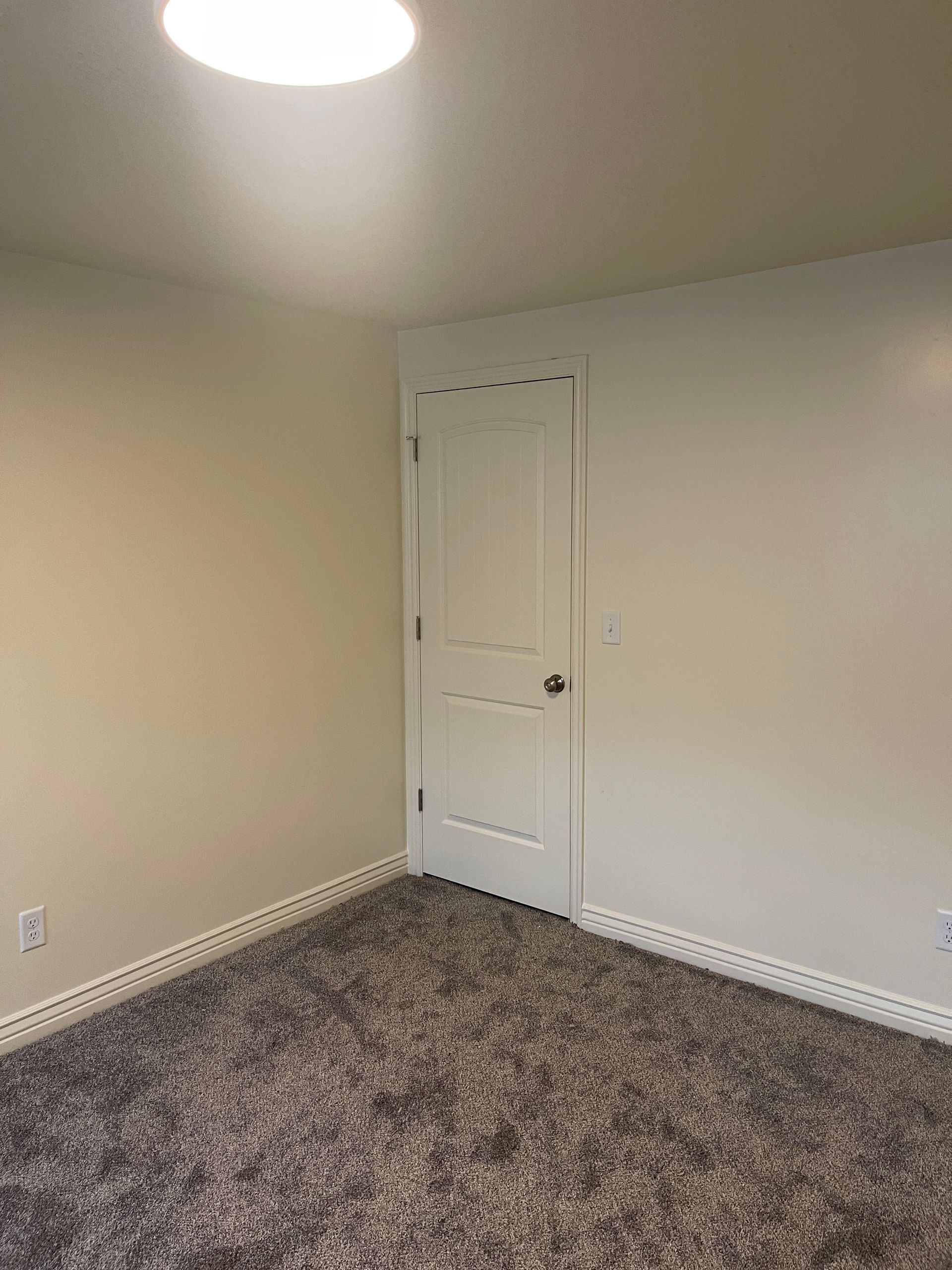 An empty room with a carpeted floor and a white door.