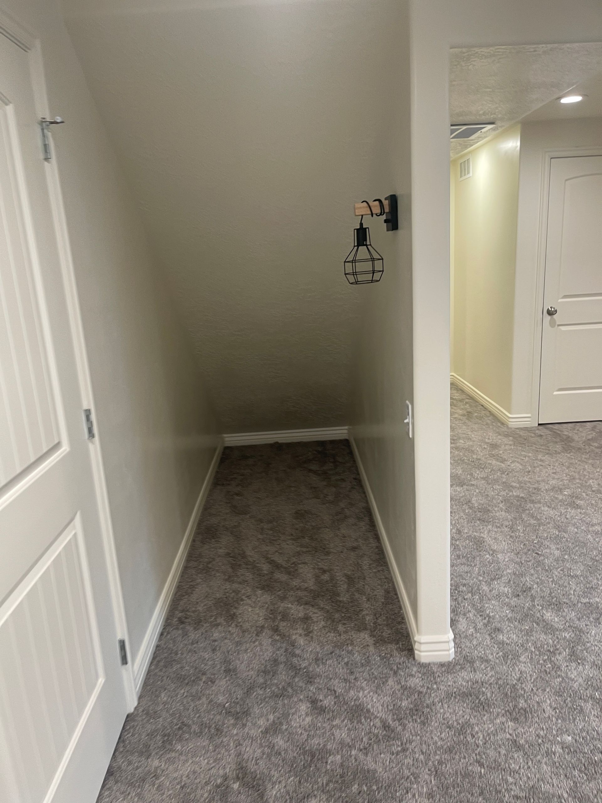 A hallway in a basement with a carpeted floor and white walls.