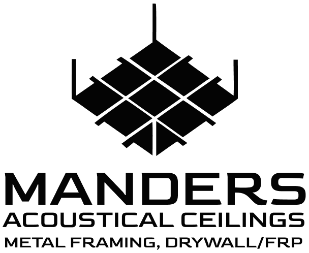 Logo for Manders Acoustical Ceilings. Black square grid design, with &ldquo;MANDERS&rdquo; text, plus &ldquo;ACOUSTICAL CEILINGS&rdquo; 