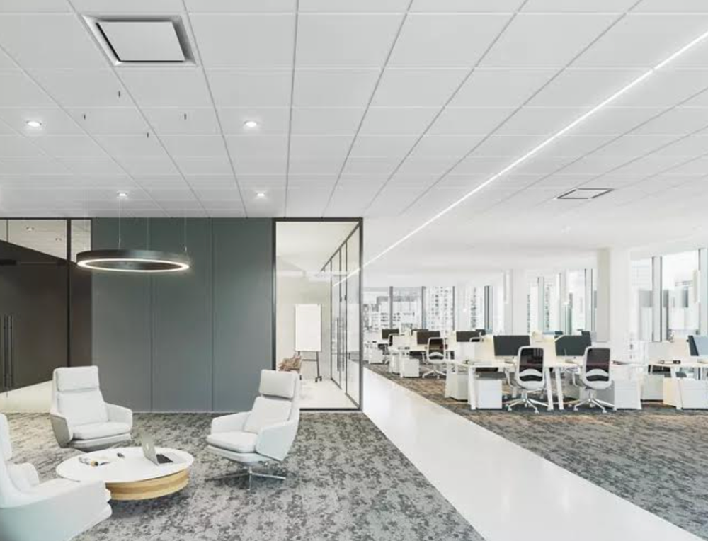 An artist 's impression of a large office with a lot of chairs and tables.