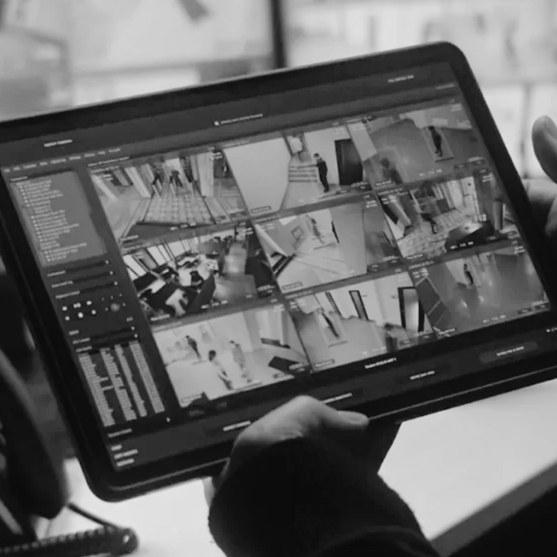 Person viewing a tablet with multiple security camera feeds in a grayscale setting