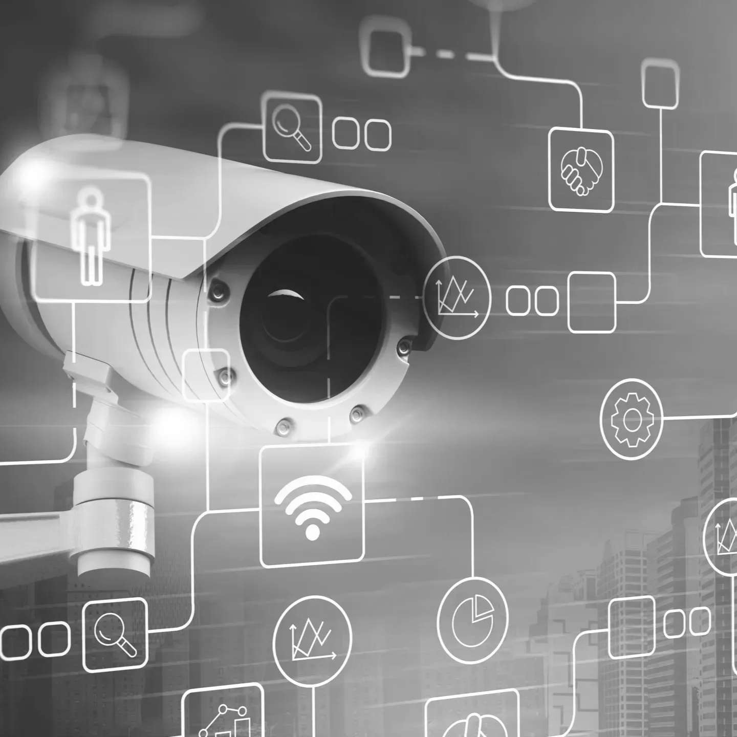 Gray CCTV camera with digital network icons overlayed, suggesting smart surveillance and security technology