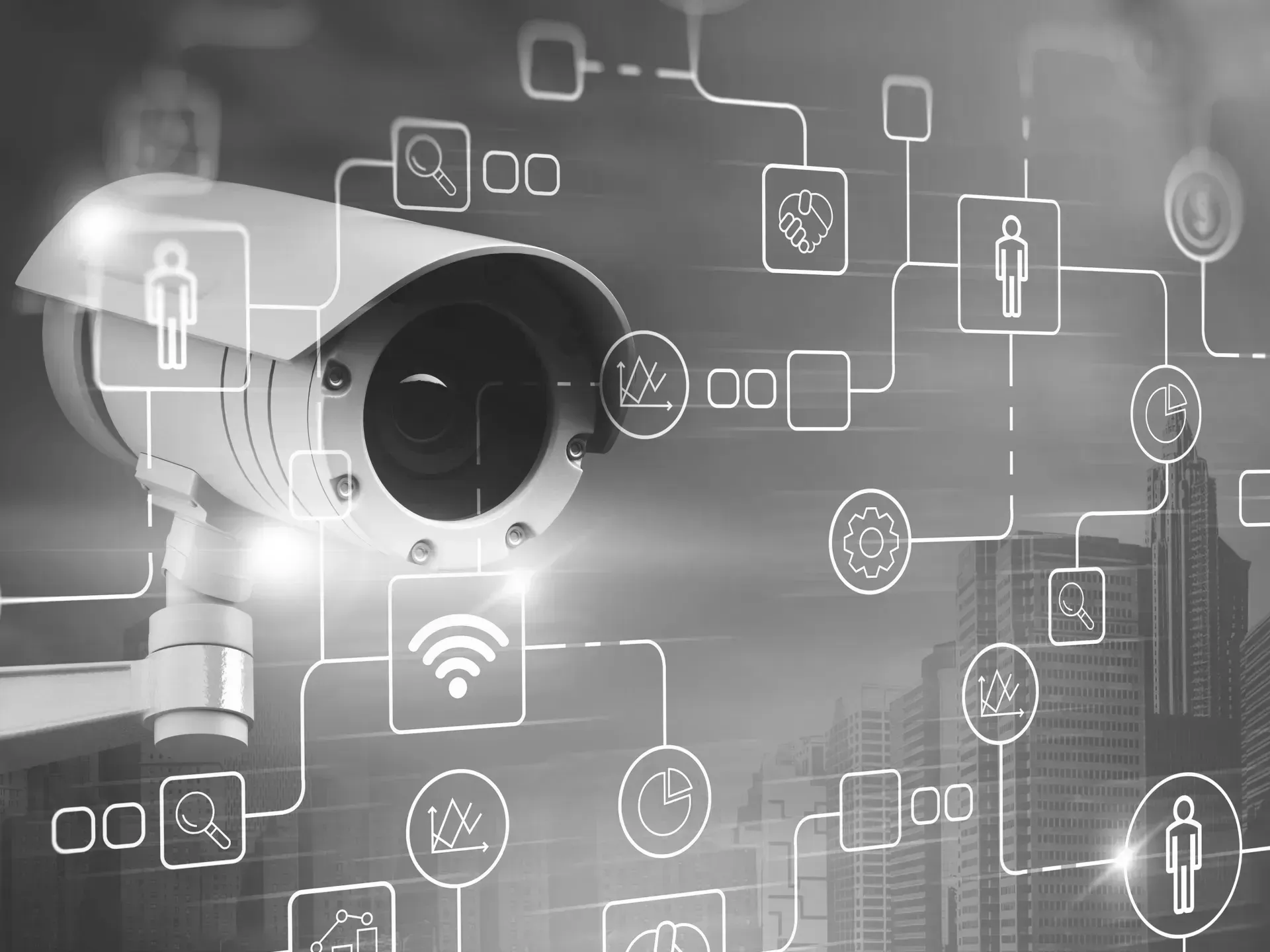 White security camera with digital network icons on a gray background