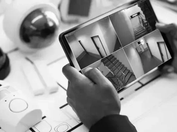 Person holding a tablet showing a home security camera feed of a staircase and hallway