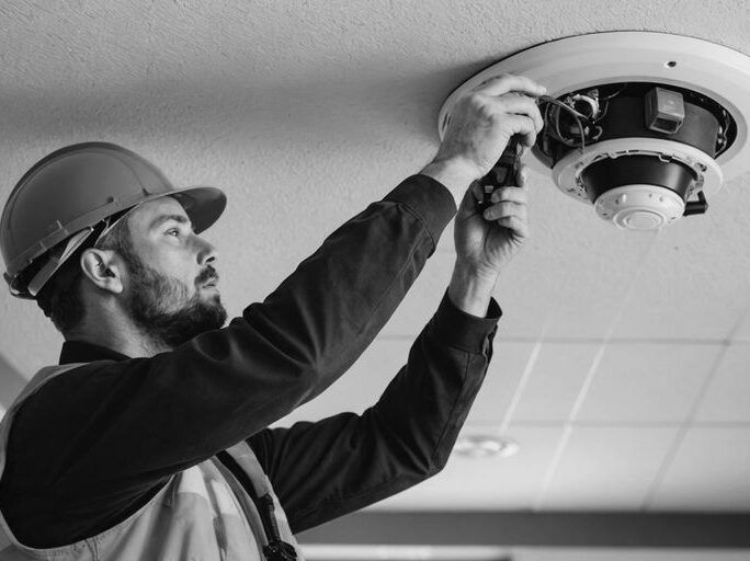 Worker in a hard hat installing a smoke detector on a ceiling